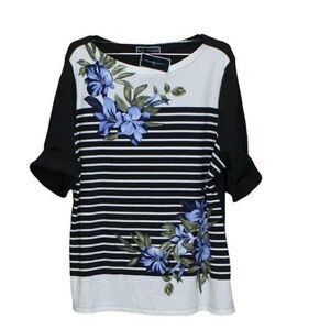 Karen Scott Plus Size Floral-Print Striped Top Deep Black 1X